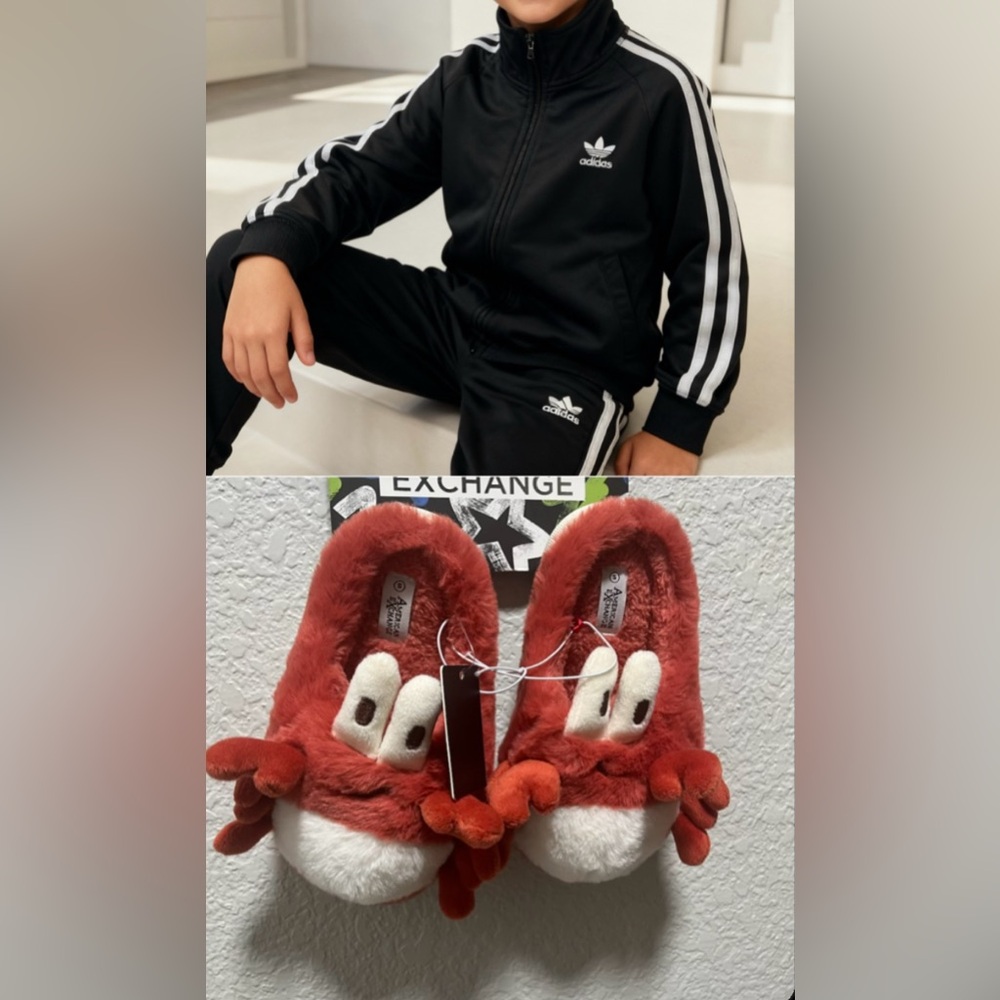 American Exchange Red Fuzzy Slippers and pants Adidas